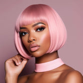 Original Design 12 Inch Pink Short Straight Bob Wig With Bangs